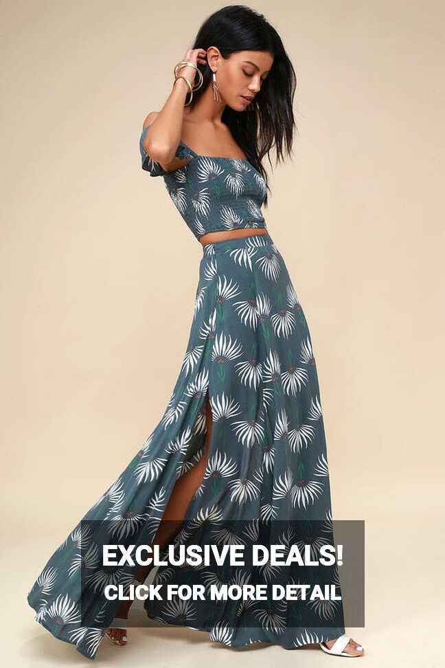 Lulus + Trancoso Dusty Blue Floral Print Two-Piece Maxi Dress