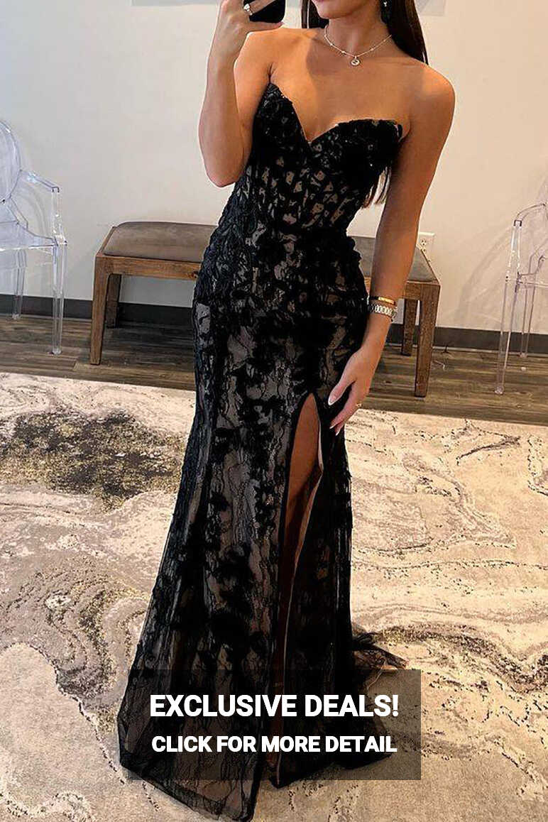 Luuvis Women Black Corset Prom Dress Mermaid Sweetheart Formal ...