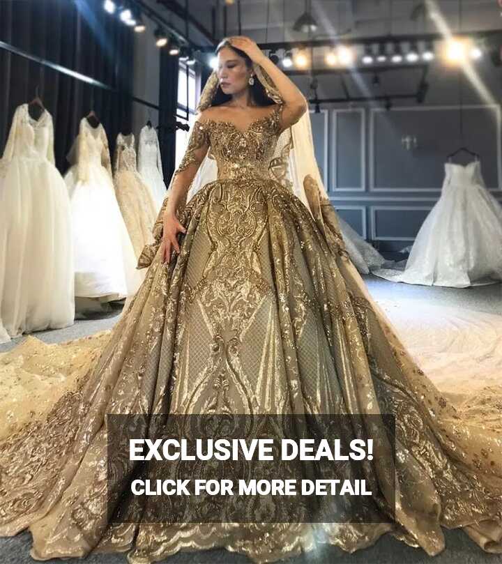 Luxurious 2022 Dubai Golden Gold Wedding Dress With Illusion ...