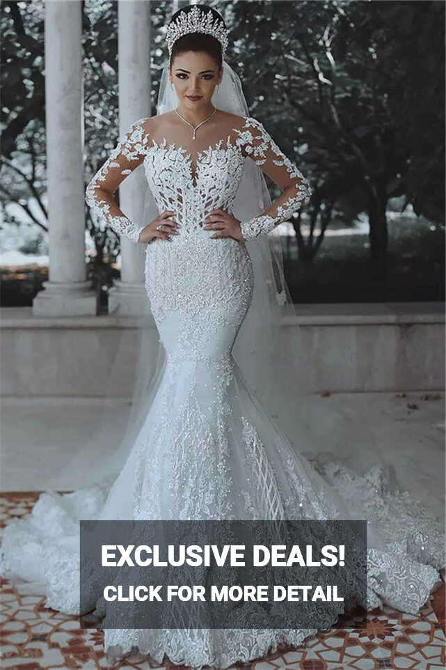 Luxurious Beaded Lace Mermaid Wedding Dresses with Sleeves Sheer ...