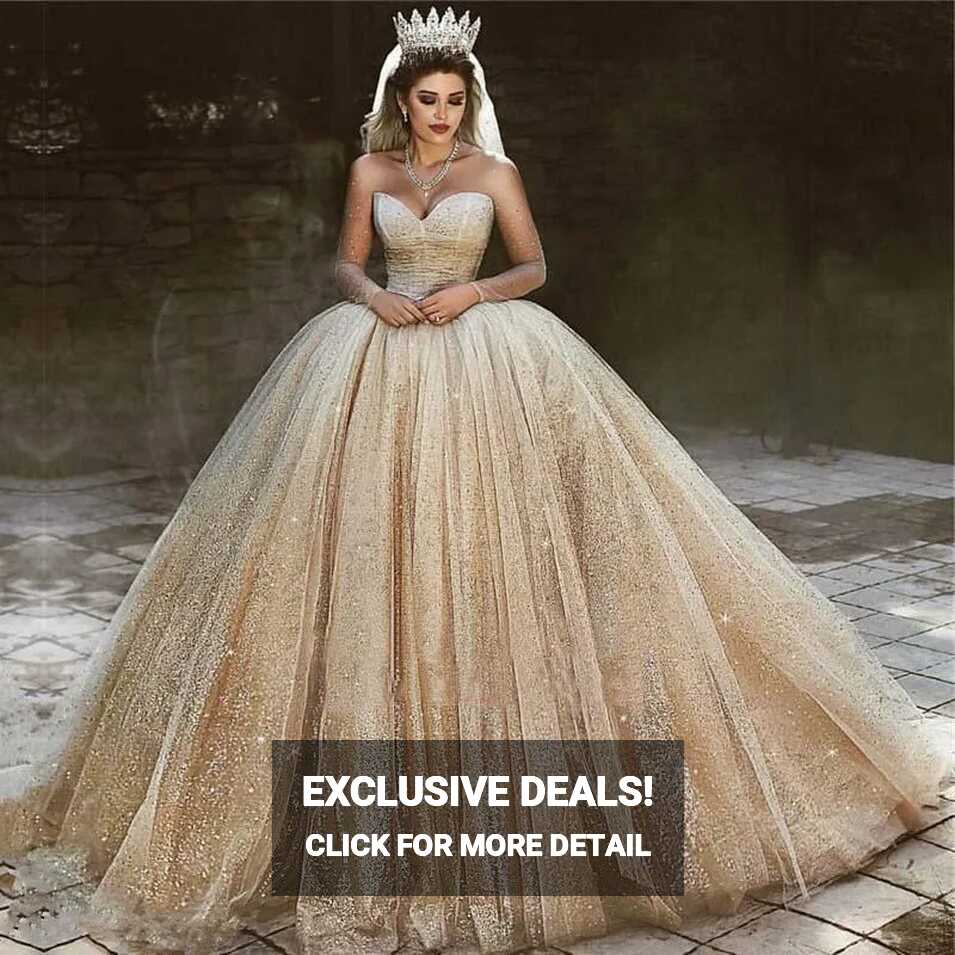 Luxury Arabic Gold Wedding Dresses 2019 Sequins Princess Ball Gown ...