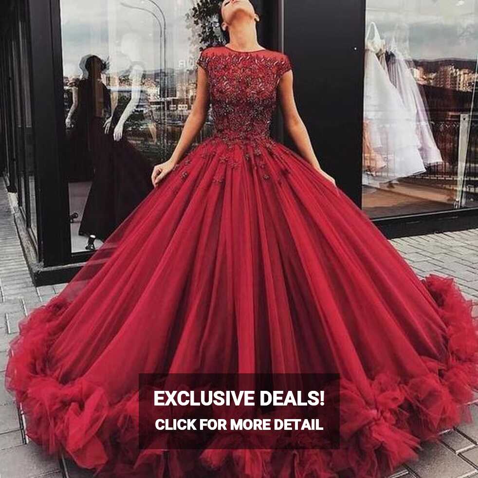 Luxury Ball Gown Burgundy Cap Sleeves Dazzling Beading Top Tulle ...