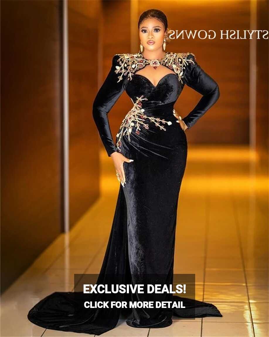 Luxury Black Velvet African Mermaid Evening Dresses Beaded Crystal ...