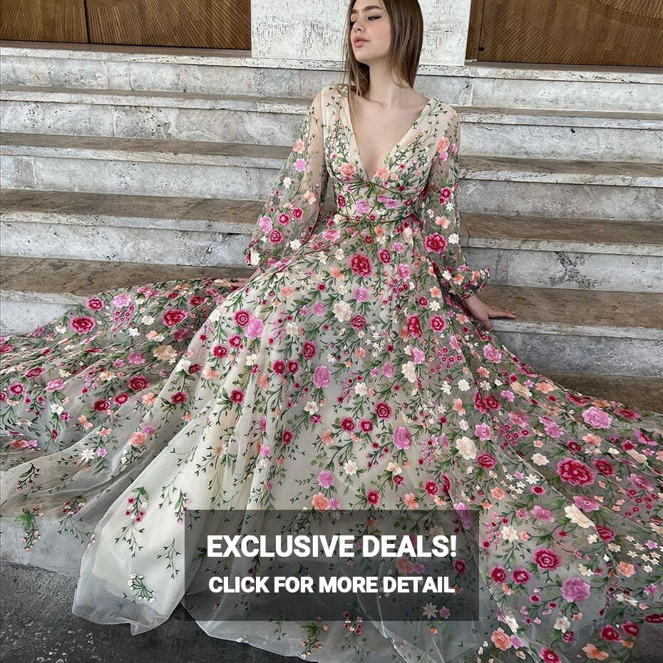 Luxury Embroidery Long Evening Dress Garden Floral Vintage Formal ...