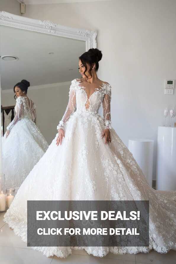 Luxury Flowers Appliqued Long Sleeve Wedding Ball Gown - VQ