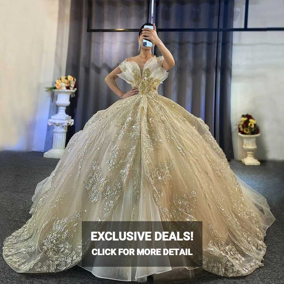 Luxury Gold Wedding Dress Long Sleeve V Neck Full Beading Ball Gown