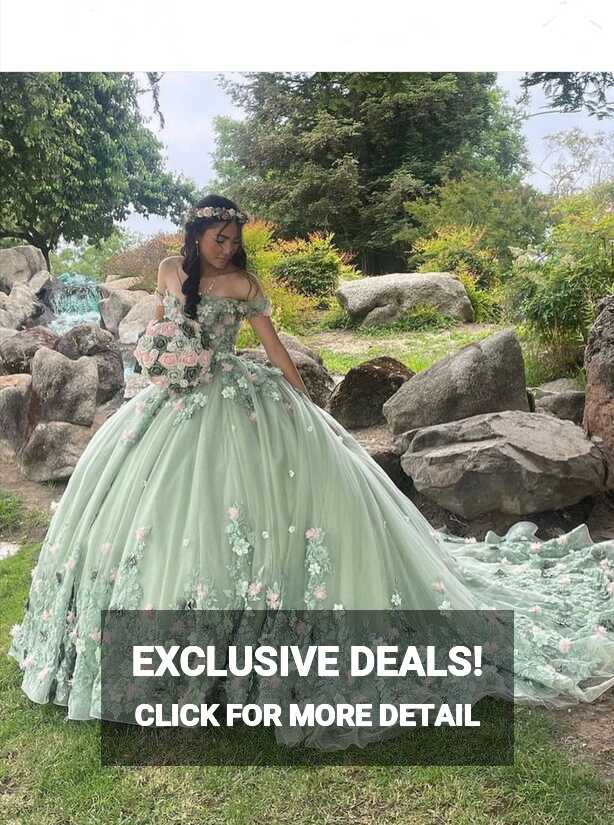 Luxury Green Princess Quinceanera Dresses Off Shoulder 3D Flowers ...