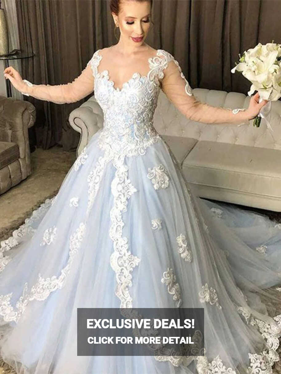 Luxury Ice Blue Lace Long Sleeves A-line Long Prom Dress, Gown ...