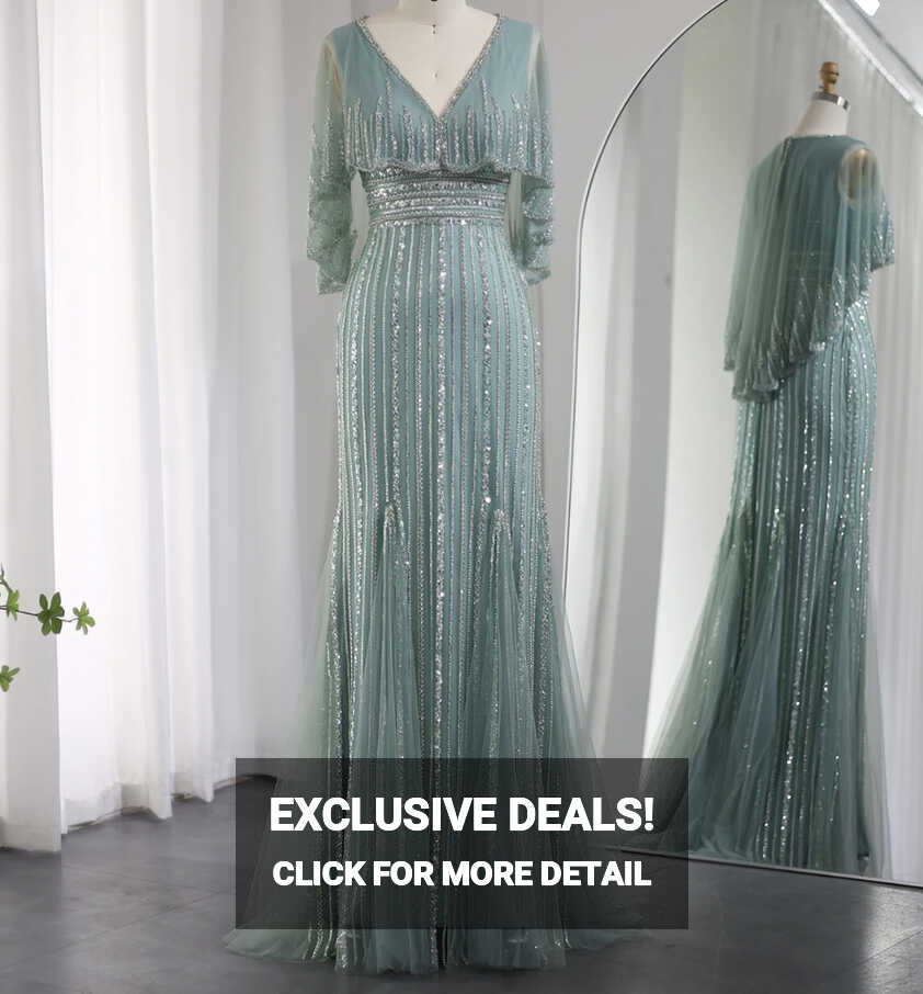 Luxury Modest Embellished Cape Sleeve Evening Dress - Evening ...