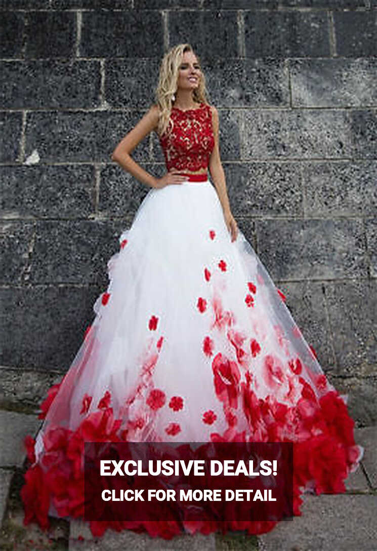 Luxury Red And White Flowers Two Pieces Lace Tulle Wedding Dresses ...