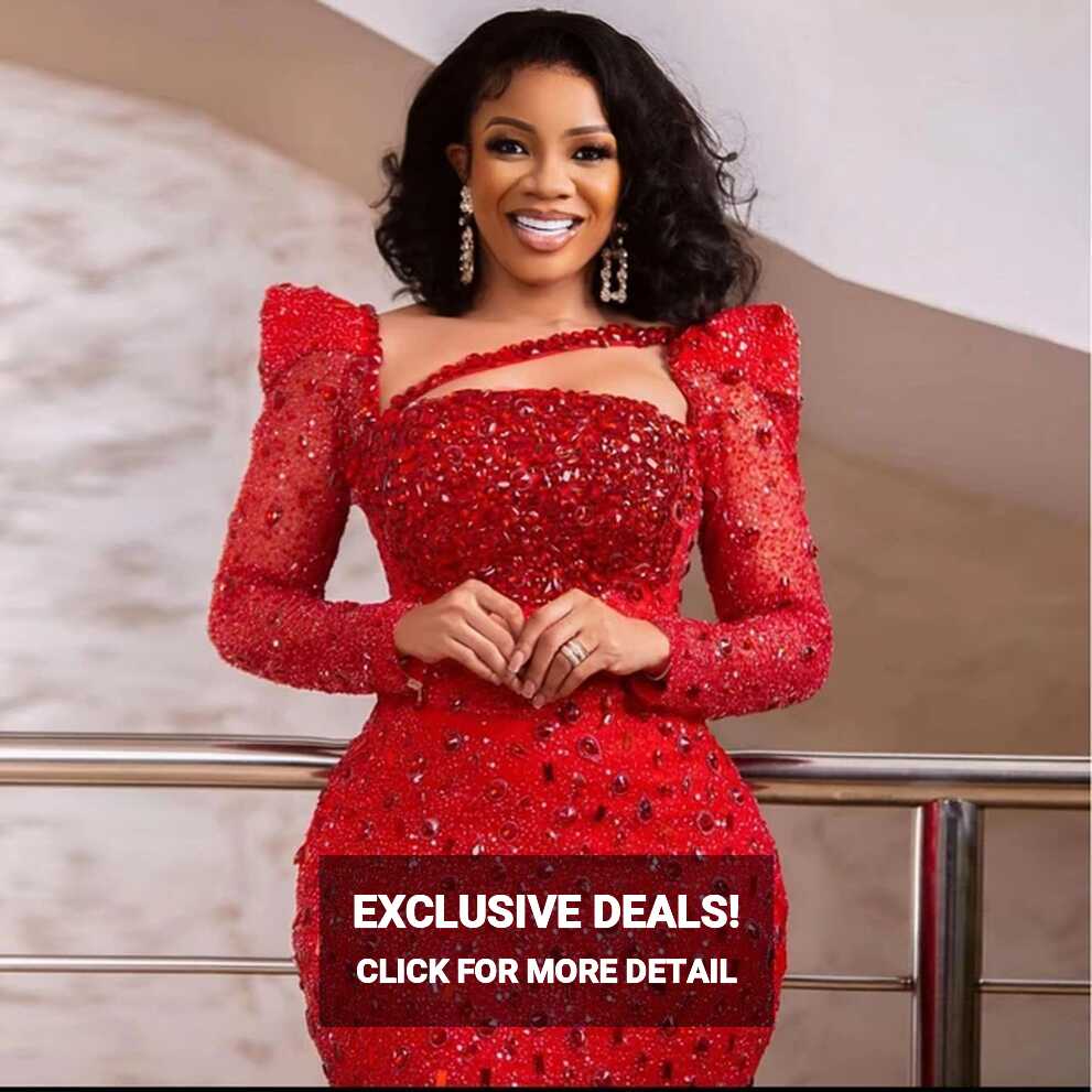 Luxury Red Evening Dresses 2022 Sequined Beading Logn Sleeve Tight ...