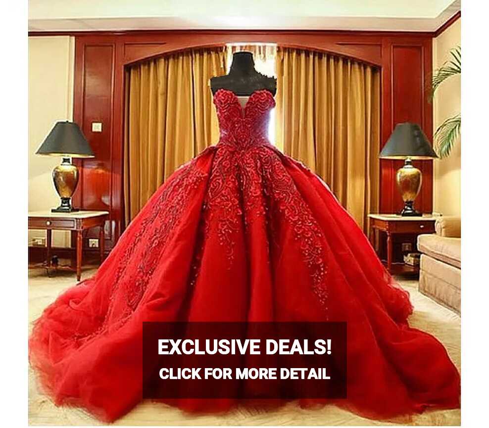 Luxury Red Lace Red Ballgown Wedding Dress With Beaded Sweetheart ...