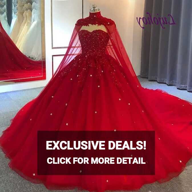 Luxury Red Lace Wedding Dresses Plus Size With Cape Crystal Ball ...