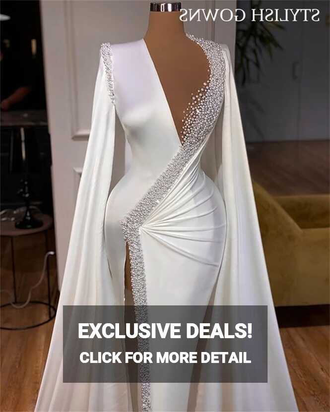 Luxury White Deep V Neck Evening Dresses With Long Sleeves Beaded ...