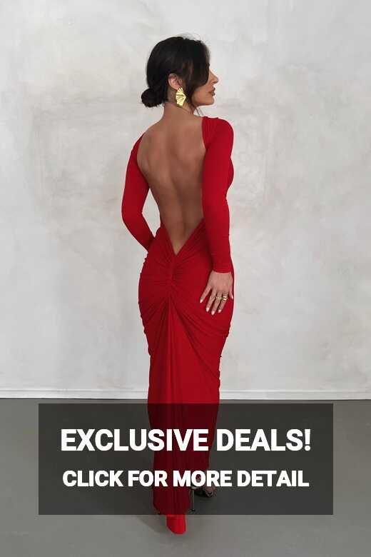 MÉLANI The Label CAMILA Red Long Sleeve Backless Semi Formal Midi Dres