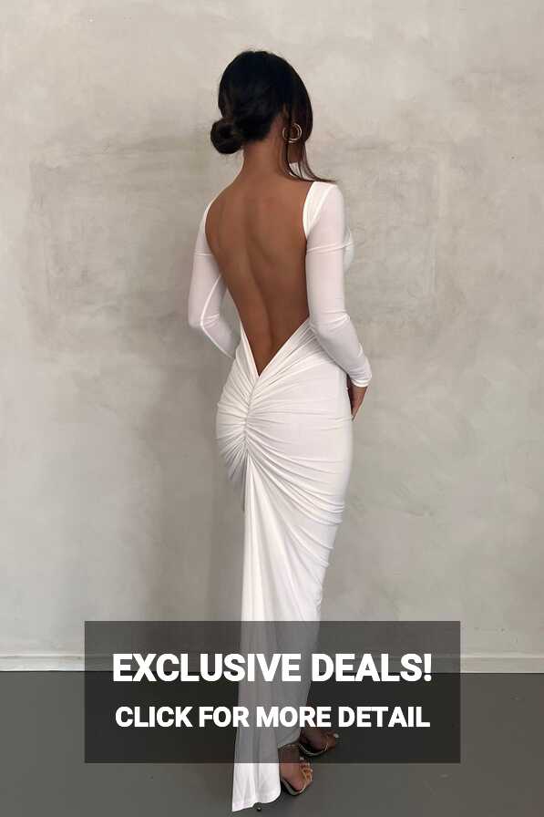 MÉLANI The Label CAMILA White Long Sleeve Backless Semi Formal Midi Dr