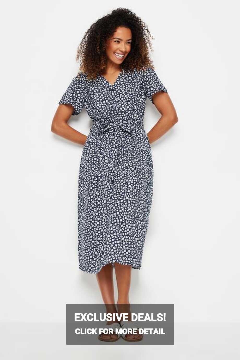 M&amp;Co Navy Blue Floral Print Button Down Short Sleeve Midi Dress | M&amp;Co