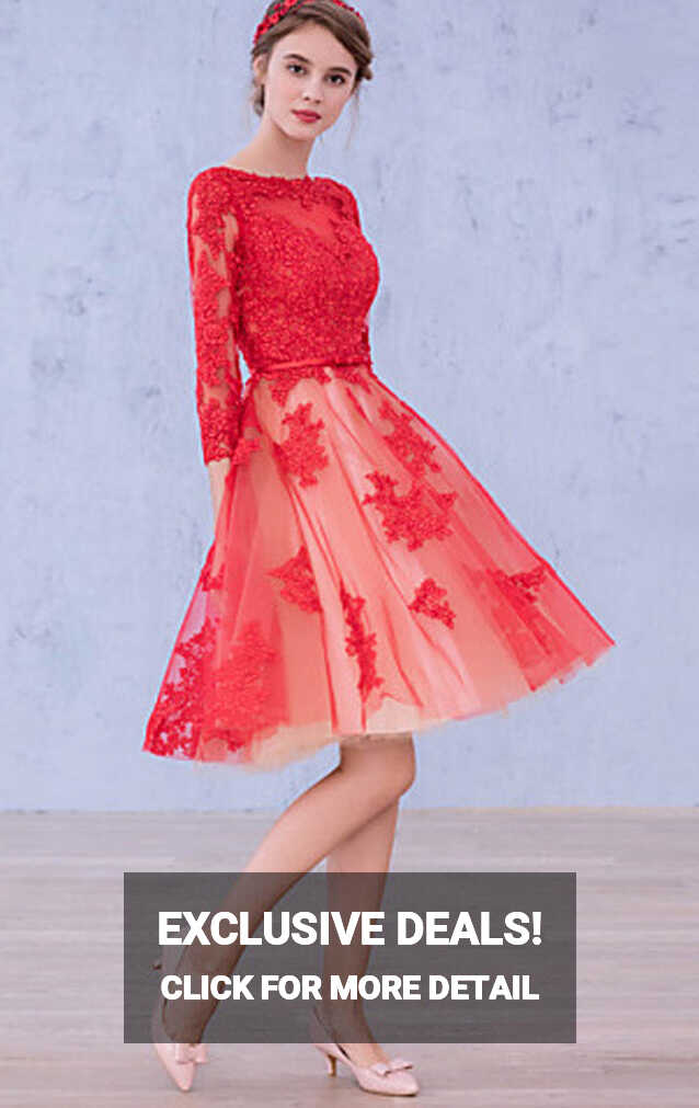 MACloth 3/4 Sleeves Lace Cocktail Dress Midi Red Wedding Party Formal