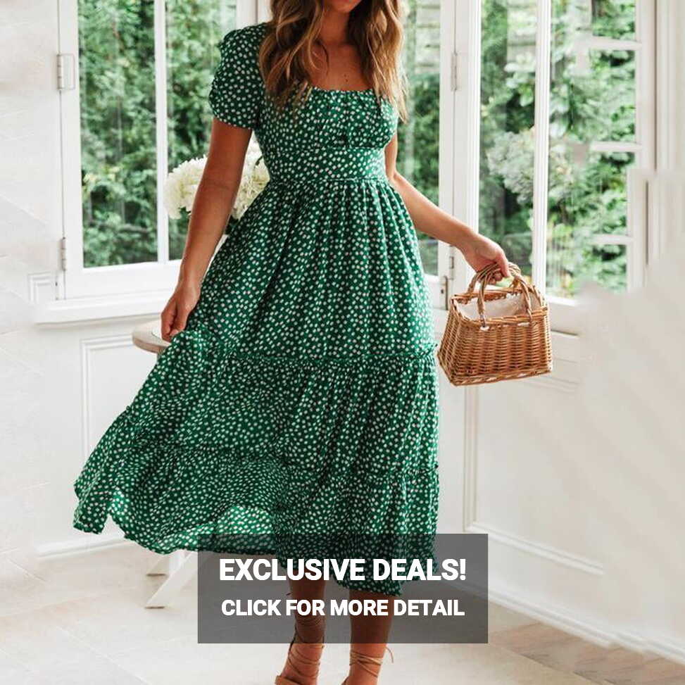 MARSMO Boho Floral Midi Dress - Short Sleeve, Long, Green, India ...