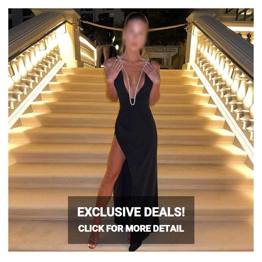 MHRCJ Deep V-Neck Backless Long Party Dresses Black Spaghetti ...