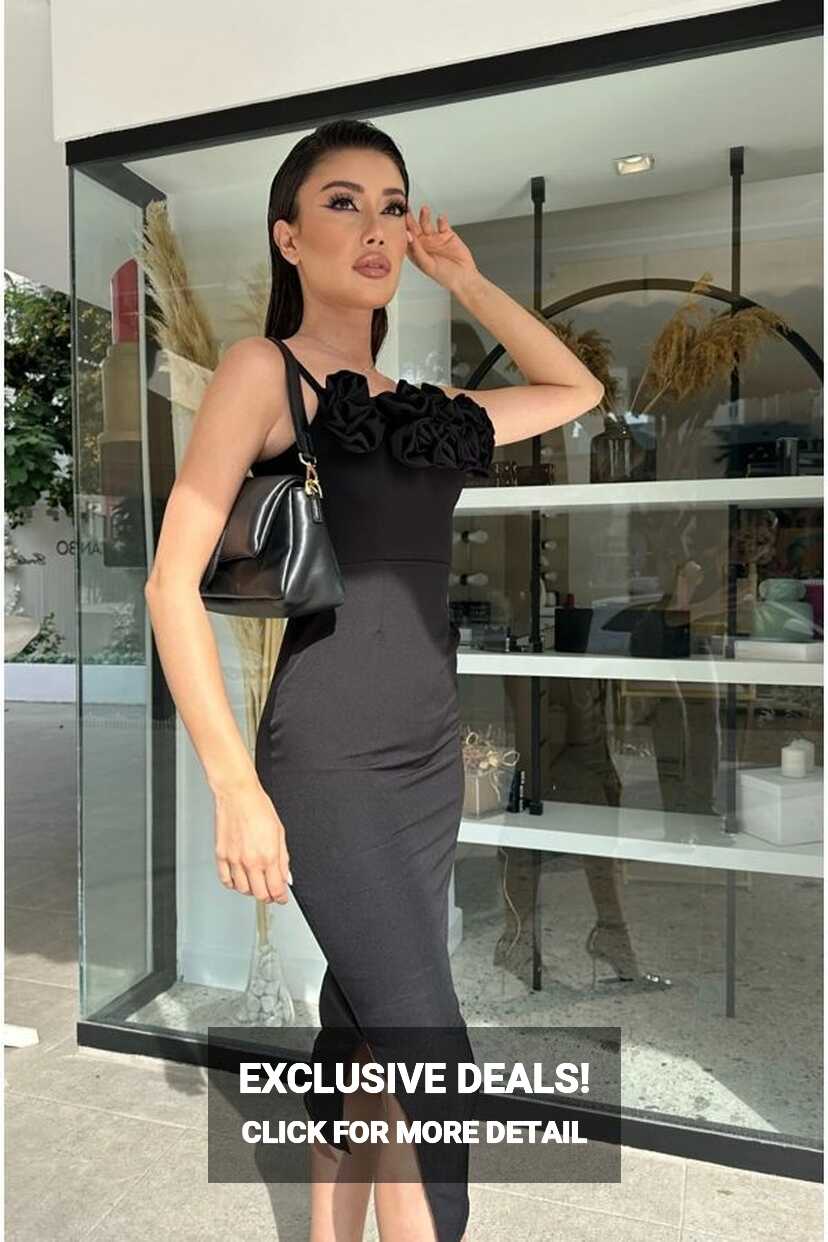 MODAF Black Elegant Evening Dress Low-cut Rose Detailed Women&#39;s ...