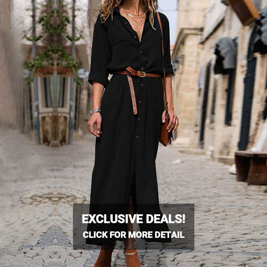 MPWEGNP Black Dress Women&#39;s Casual Button Long Shirt Dress Long ...