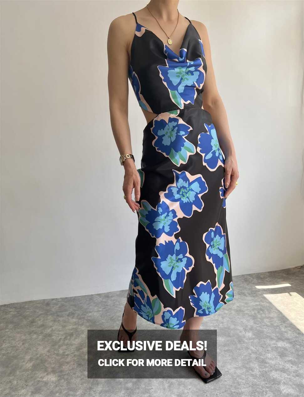 Mai Petra Blue Floral Satin Midi Dress