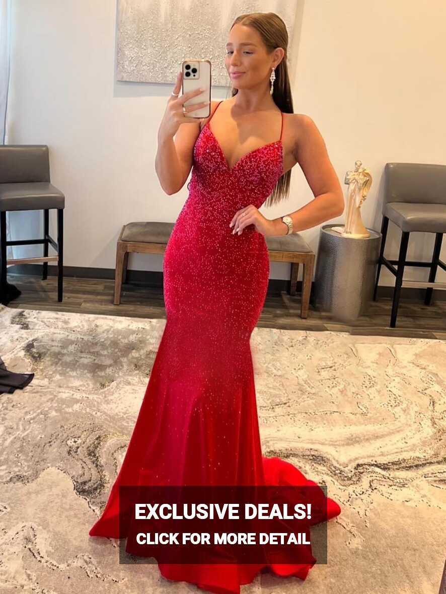 Malia Red Mermaid V Neck Glitter Satin Prom Dress | KissProm