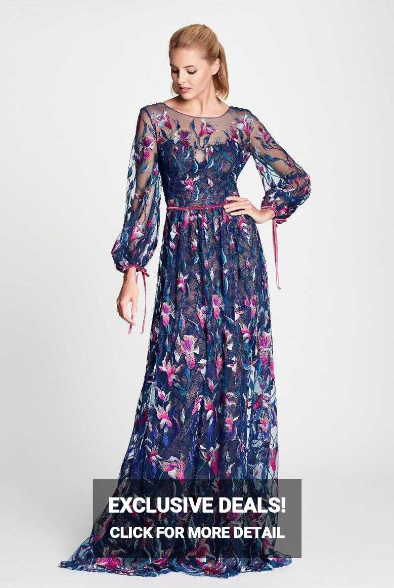 Marchesa Navy Blue Long Sleeve Floral Evening Gown | Lyst