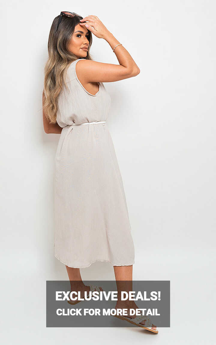 Marina Casual Collared Button Down Sleeveless Midi Dress in Beige ...