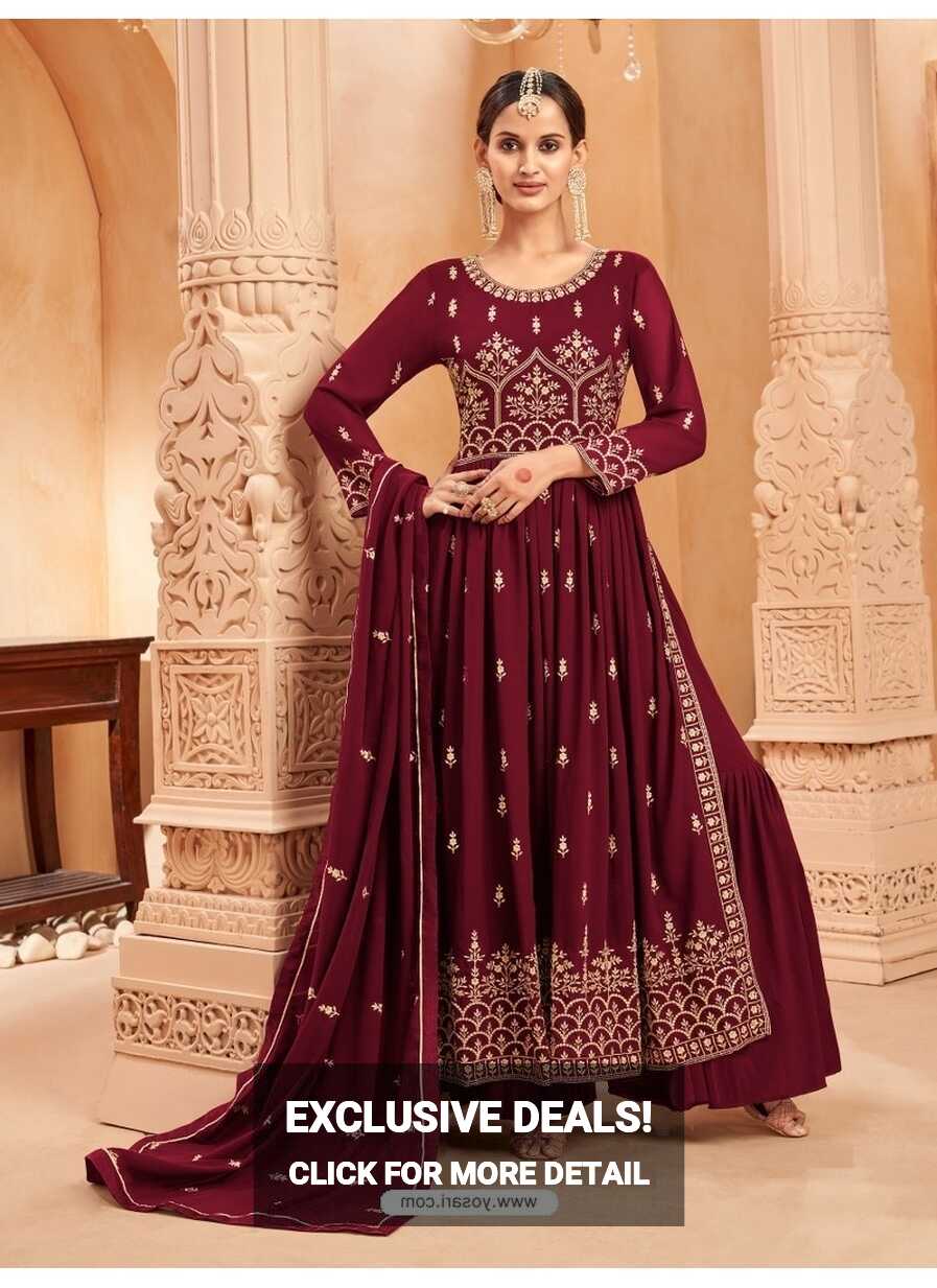 Maroon Faux Georgette Embroidered Naira Cut Palazzo Suit YOS26219