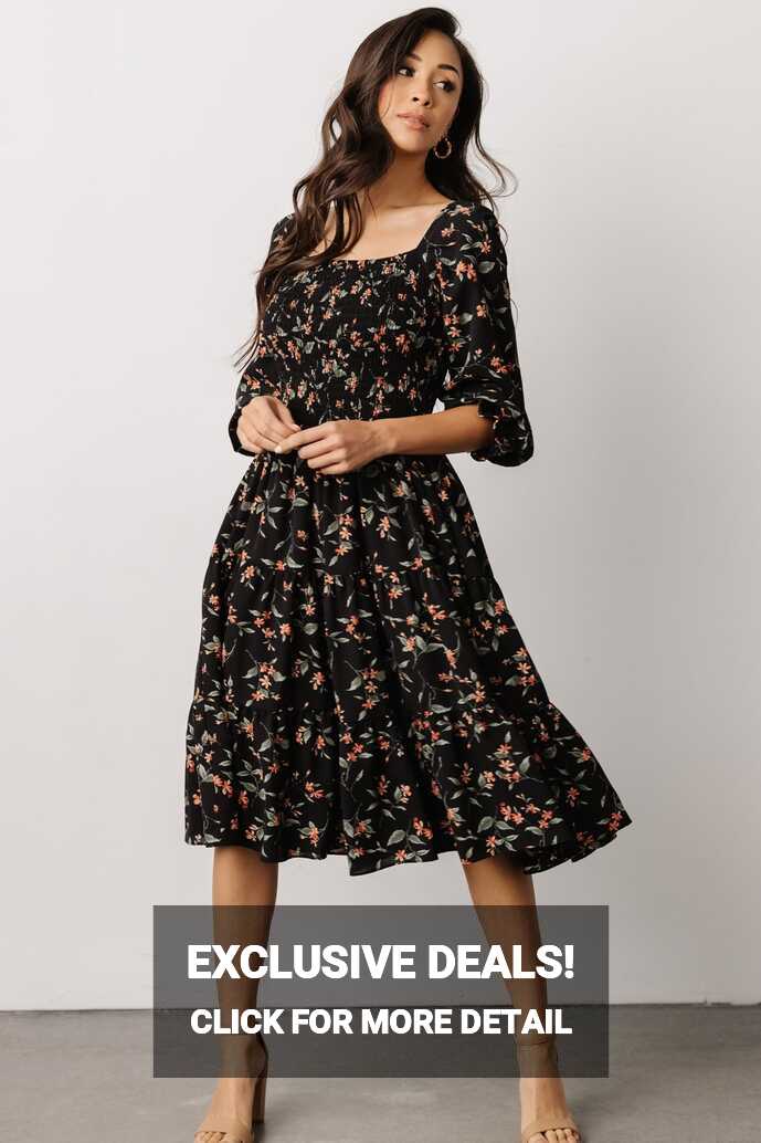 Marta Smocked Midi Dress | Black Floral | Baltic Born