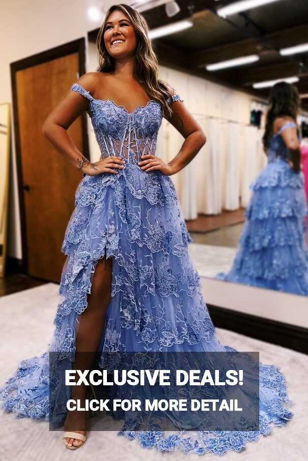 Maryann | Periwinkle Tulle Appliques Off-the-Shoulder Ruffle Long ...