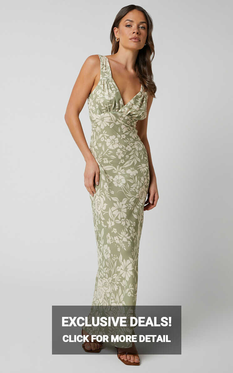 Mauriel Midi Dress - Deep V Gathered Bust Slip Dress in Green ...