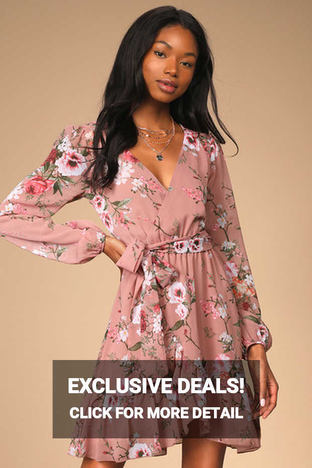 Mauve Floral Dress - Long Sleeve Mini Dress - Faux-Wrap Dress - Lulus