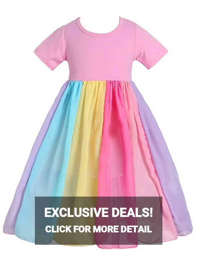 Maxcozy Kids Girl Maxi Dress Rainbow Short Sleeve Dresses 0-6 ...