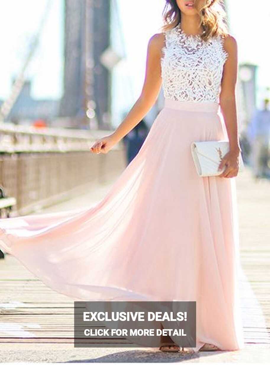 Maxi Dress - White Lace Top / Pink Skirt / Sleeveless