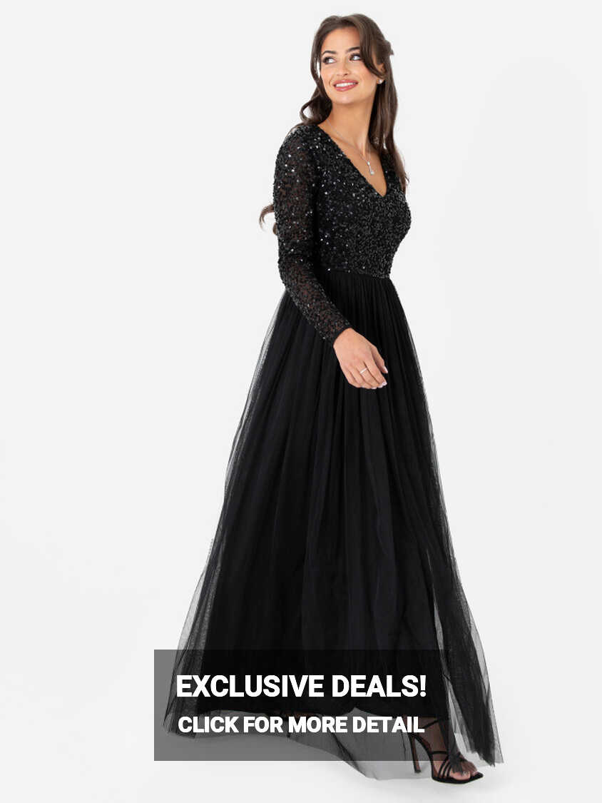 Maya Black V Neck Embellished Long Sleeve Maxi Dress