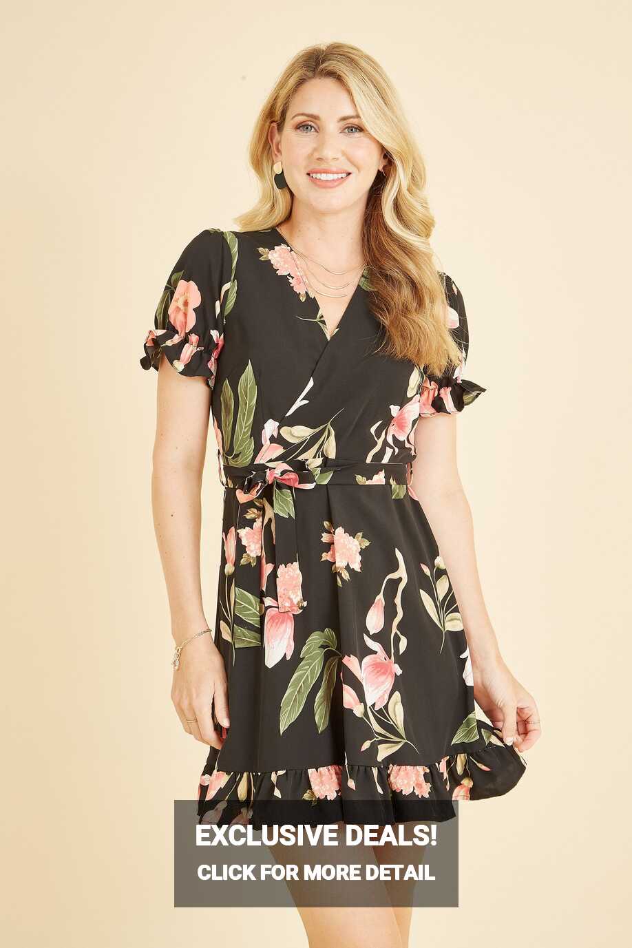 Mela Black Floral Wrap Over Dipped Hem Midi Dress | Mela