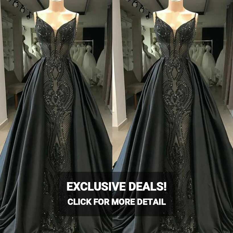 Mermaid Black Prom Dresses Gothic Sequined Formal Detachable Train ...