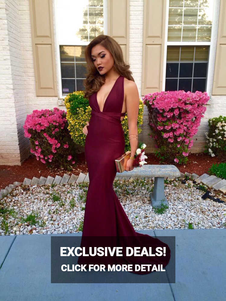 Mermaid Burgundy Sexy Deep V neck Bodycon Evening Dress Backless ...