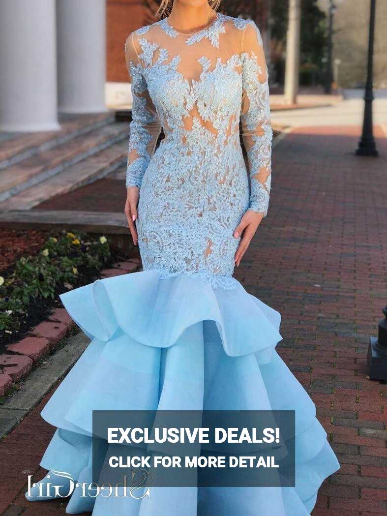 Mermaid Lace Prom Dresses Blue Long Sleeve Formal Dress|Sheergirl ...