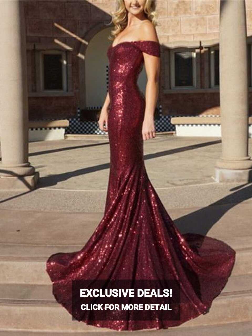 Mermaid Off-Shoulder Sweep Train Burgundy Prom Dresses With ...