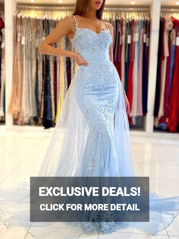 Mermaid Open Back Light Blue Lace Long Prom Wedding Dresses ...