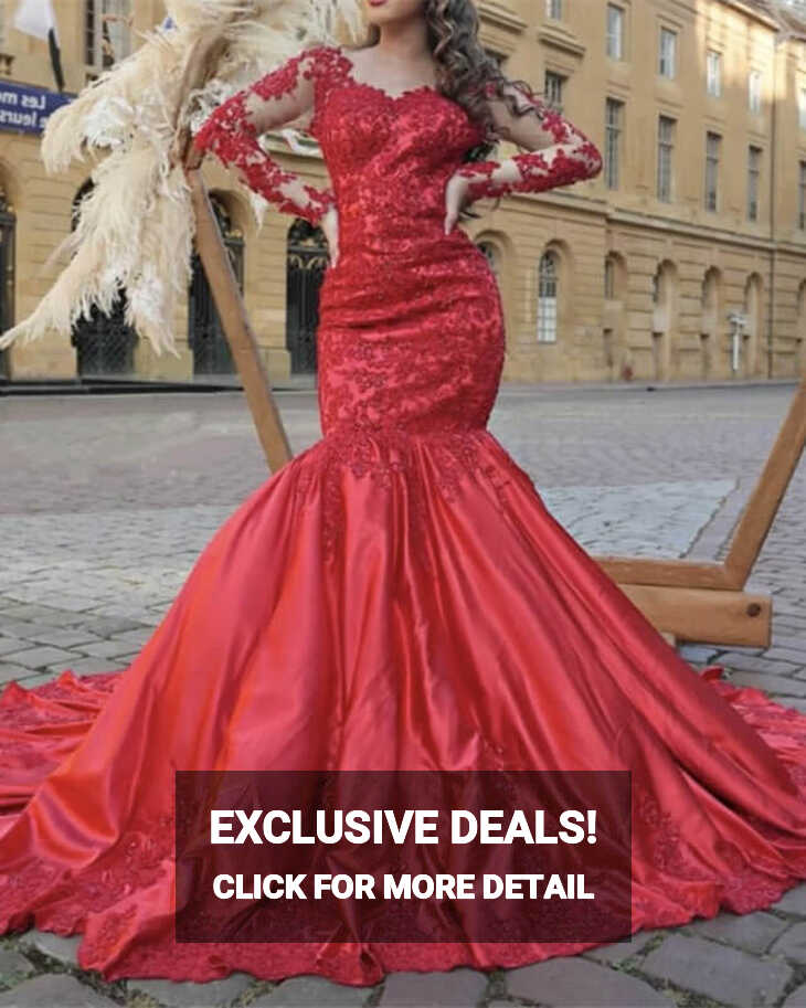 Mermaid Red Satin Dress Lace Long Sleeve – Lisposa