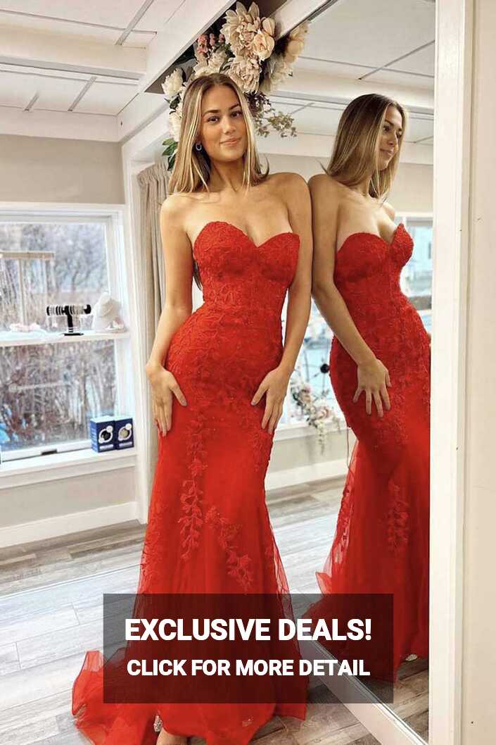 Mermaid Strapless Lace Long Prom Dress, Red Evening Party Dress