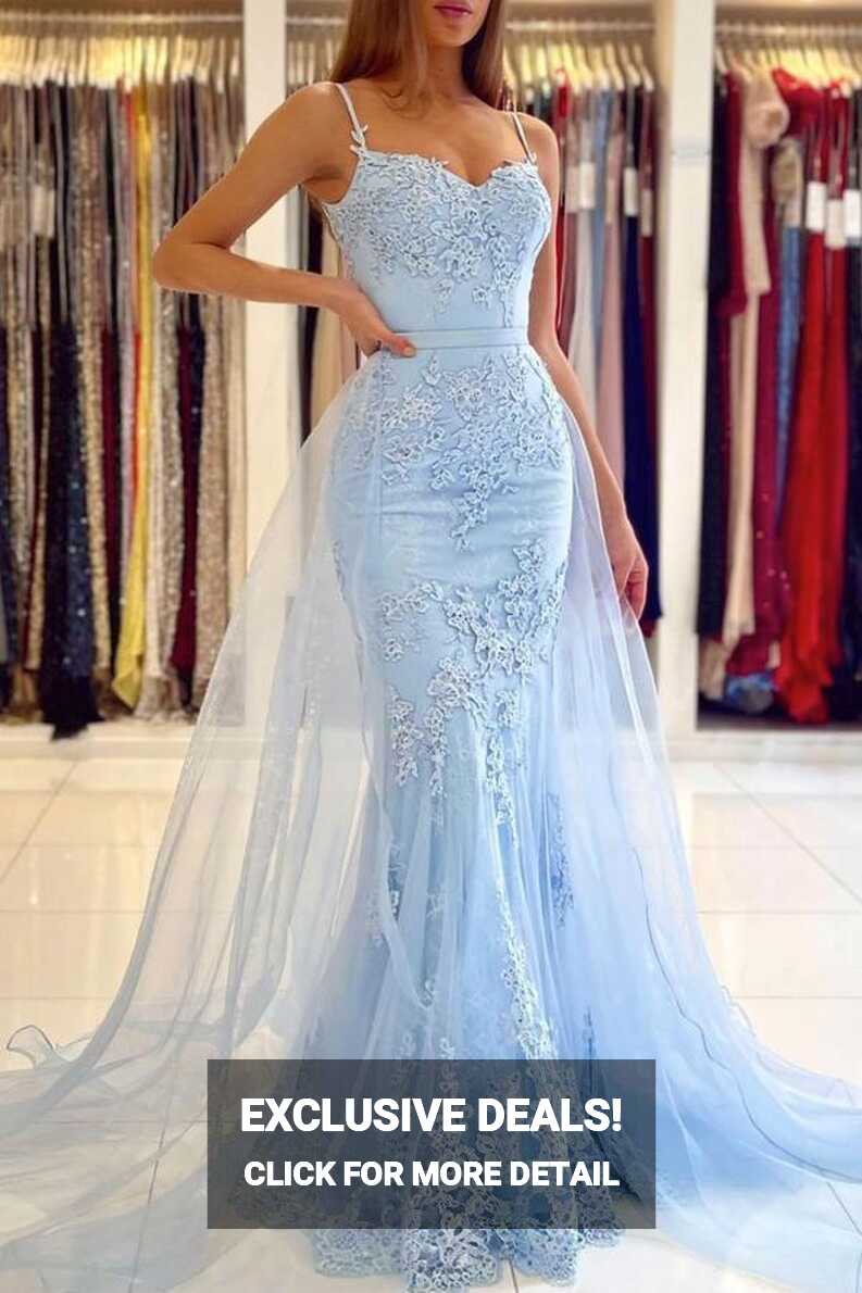 Mermaid Sweetheart Lace Blue Tulle Long Prom Dress Formal Dress ...