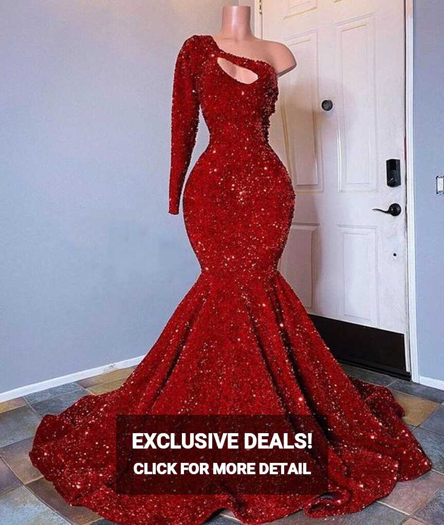 Mermaid/Trumpet Prom Dress 2023 Red One-Shoulder Long Sleeves ...