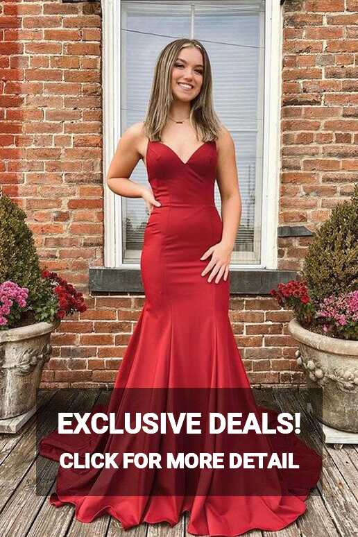 Mermaid V Neck Red Satin Long Prom Formal Dresses with Bow TP1083 ...