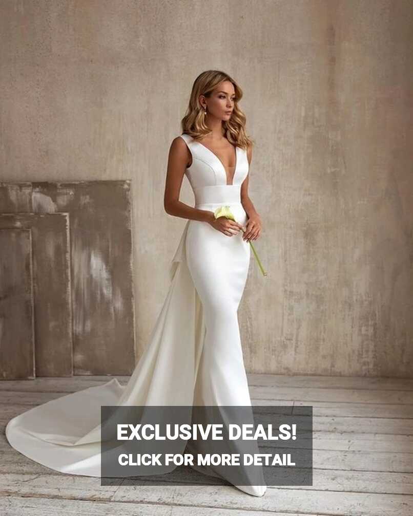 Mermaid Wedding Dress 2024 Detachable Train Bow V-Neck Elegant ...